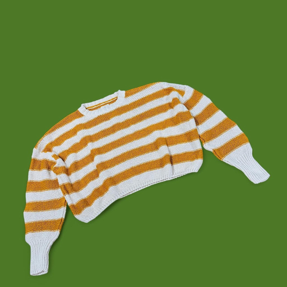 Billabong Striped Cropped Sweater Small Yellow Cream Chunky Knit Beachy - Picture 8 of 12